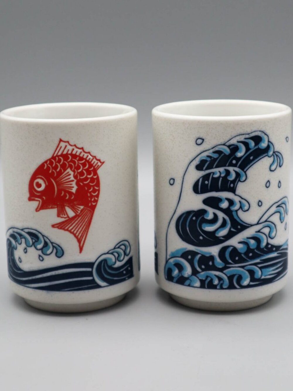 2 Japanese Ceramic Sushi Mugs Yunomi Tea Cups Tai Red Snapper & Wave Design